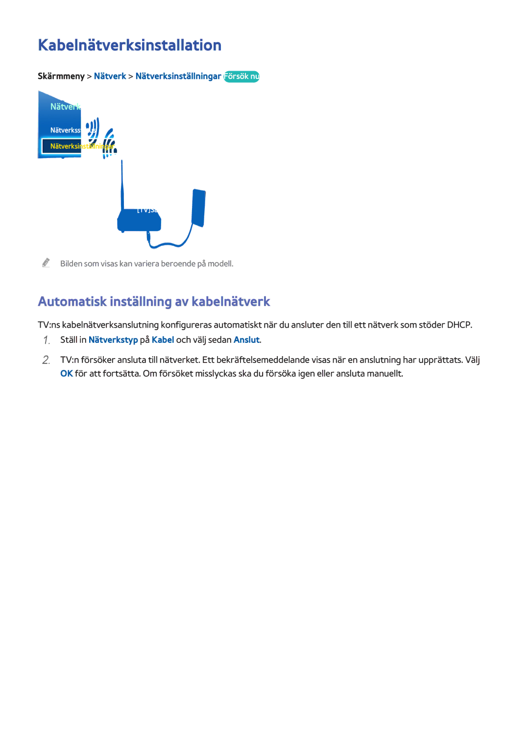 Samsung UE65F8005STXXE, UE40F7005STXXE manual Kabelnätverksinstallation, Automatisk inställning av kabelnätverk, Nätverk 