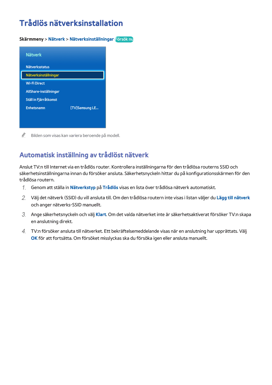 Samsung UE40F7005STXXE, UE40F8005STXXE manual Trådlös nätverksinstallation, Automatisk inställning av trådlöst nätverk 