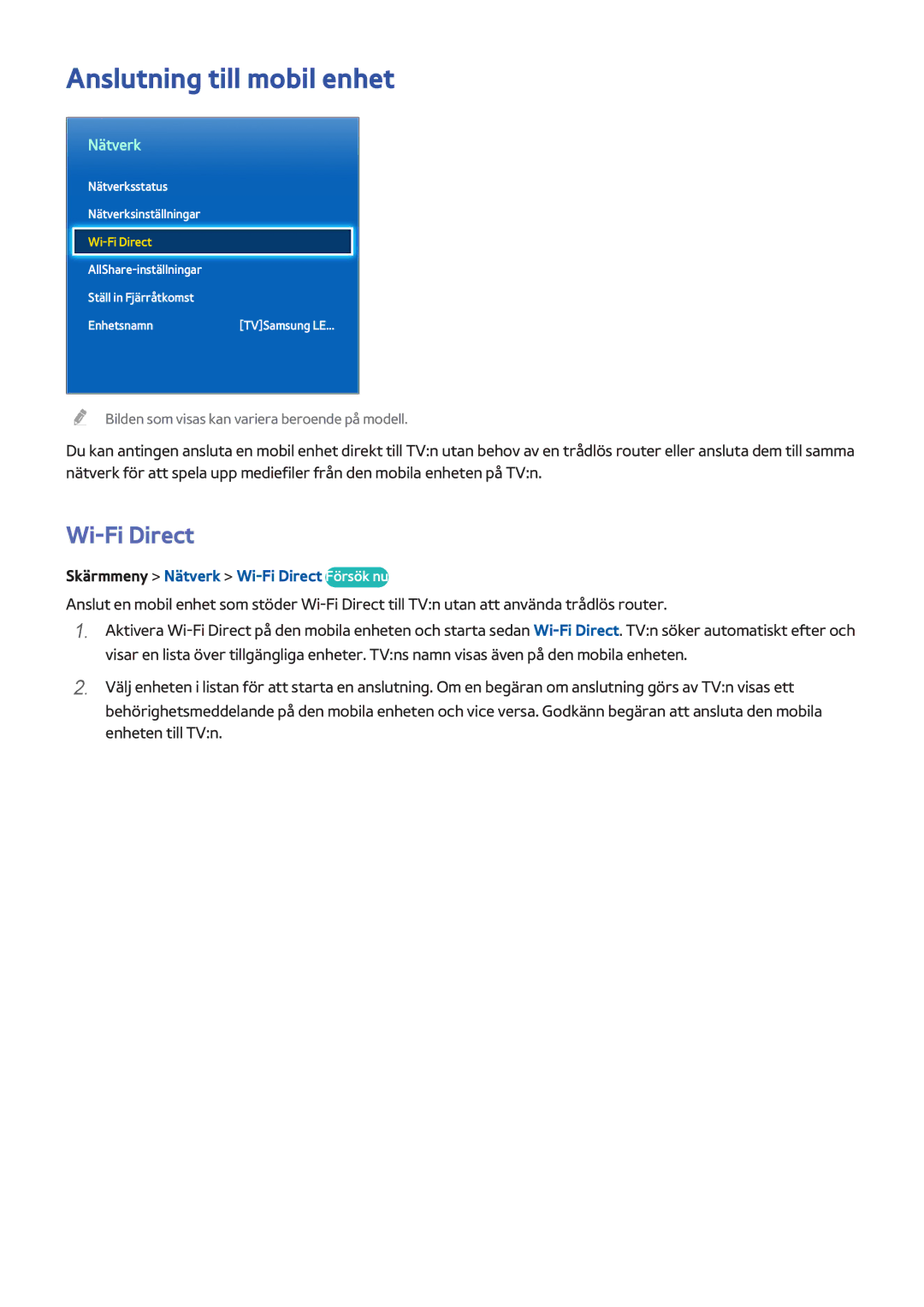 Samsung UE65F9005STXXE, UE40F7005STXXE manual Anslutning till mobil enhet, Skärmmeny Nätverk Wi-Fi Direct Försök nu 