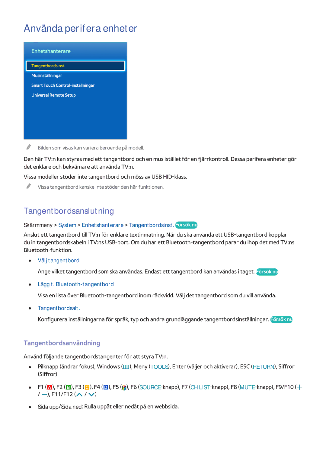 Samsung UE55F7005STXXE, UE40F7005STXXE manual Använda perifera enheter, Tangentbordsanslutning, Tangentbordsanvändning 