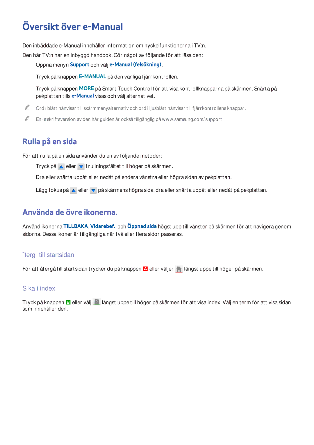 Samsung UE55F7005STXXE manual Översikt över e-Manual, Rulla på en sida, Använda de övre ikonerna, Återgå till startsidan 