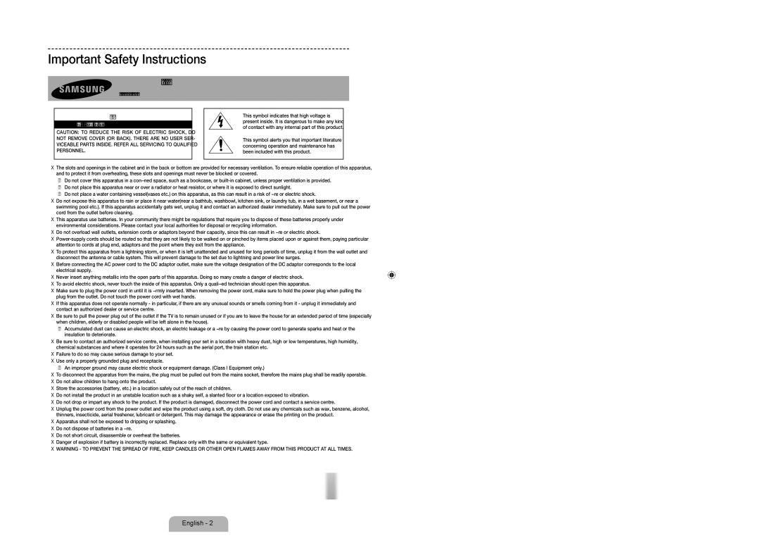 Samsung UE60F7090SLXZG, UE40F7090SLXZG, UE55F7090SLXZG Important Safety Instructions, Risk of Electric Shock do not Open 