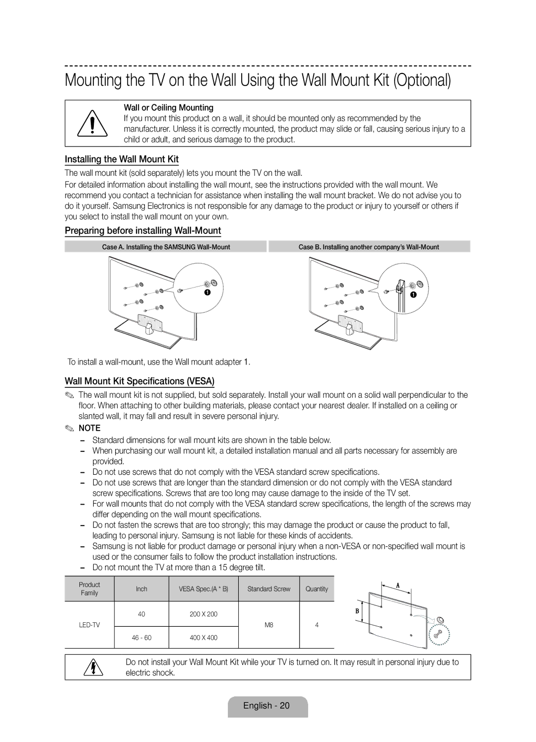 Samsung UE40F7090SLXZG, UE55F7090SLXZG manual Installing the Wall Mount Kit, Preparing before installing Wall-Mount 