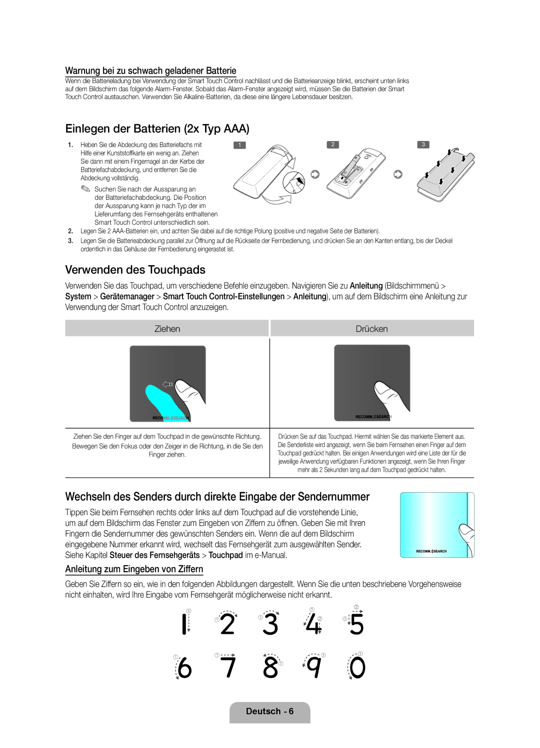 Samsung UE60F7090SLXZG Einlegen der Batterien 2x Typ AAA, Verwenden des Touchpads, Anleitung zum Eingeben von Ziffern 