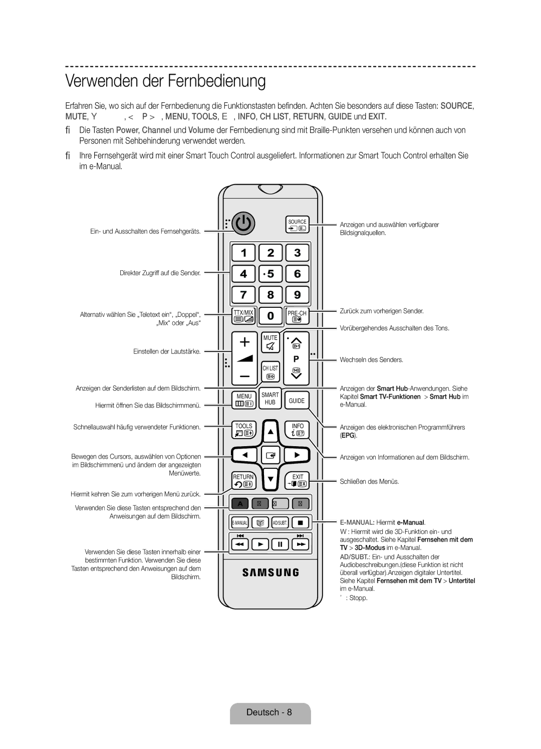 Samsung UE40F7090SLXZG, UE55F7090SLXZG, UE60F7090SLXZG, UE46F7090SLXZG manual Verwenden der Fernbedienung 