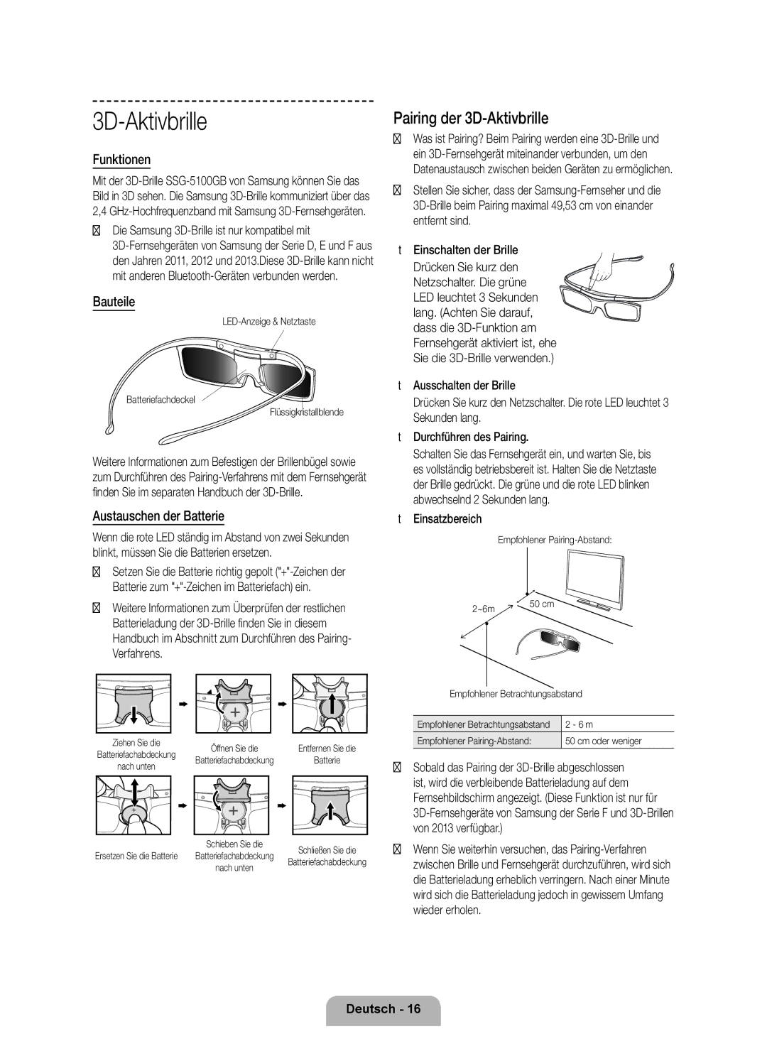 Samsung UE40F7090SLXZG, UE55F7090SLXZG manual Pairing der 3D-Aktivbrille, Funktionen, Bauteile, Austauschen der Batterie 