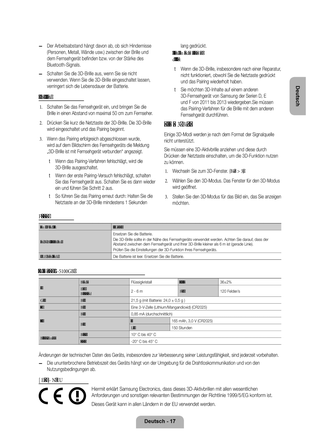 Samsung UE55F7090SLXZG, UE40F7090SLXZG Anzeigen von 3D-Bildern, Schritte beim Pairing, Fehlerbehebung, Empfehlung Nur EU 