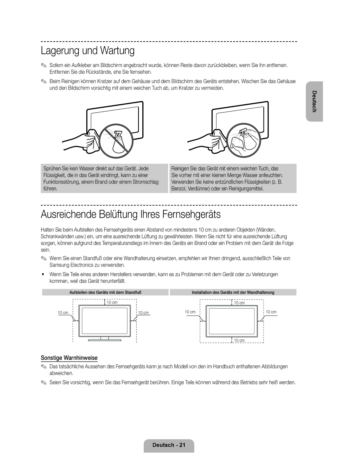 Samsung UE55F7090SLXZG manual Lagerung und Wartung, Ausreichende Belüftung Ihres Fernsehgeräts, Sonstige Warnhinweise 