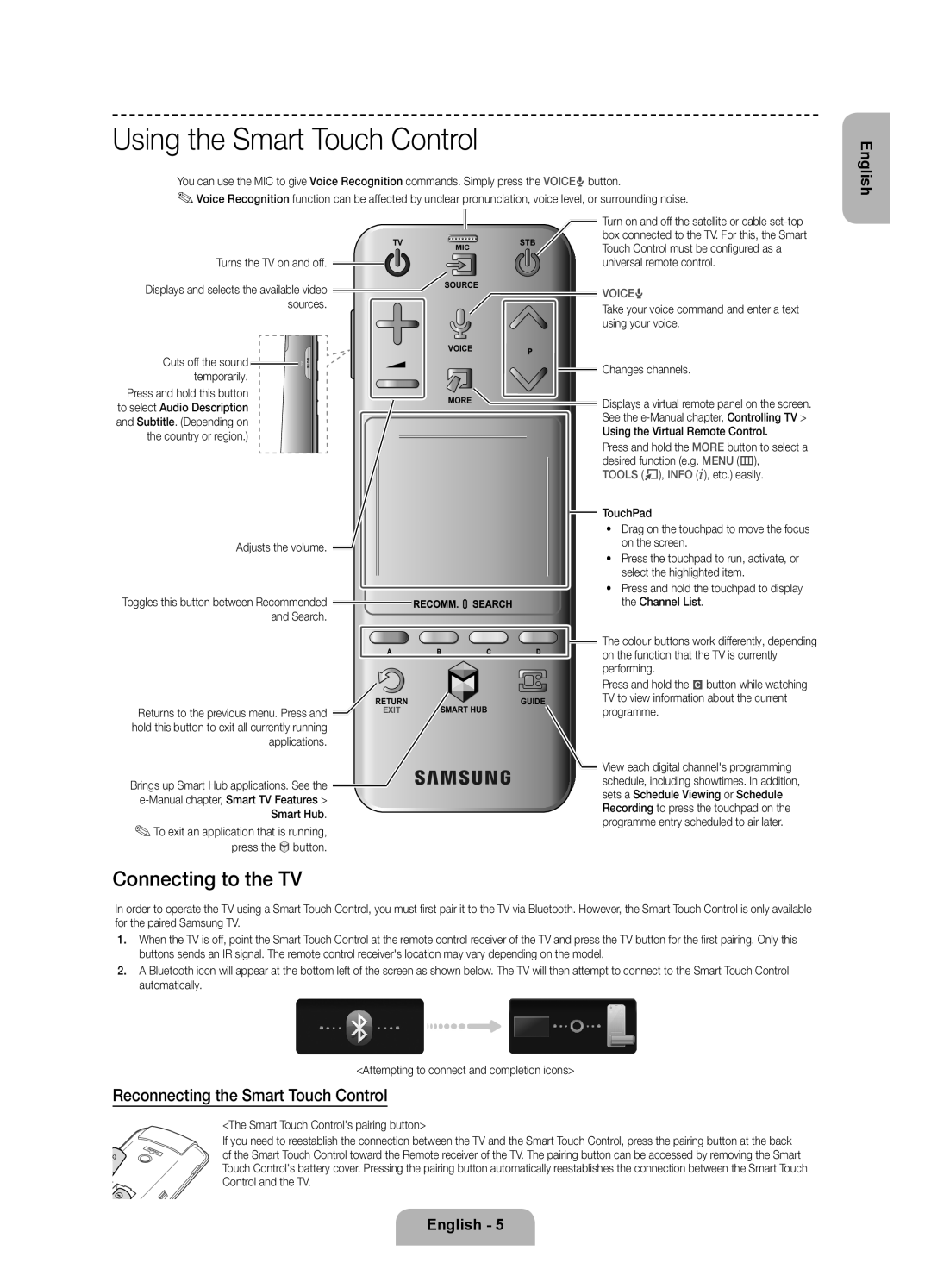 Samsung UE55F7090SLXZG manual Using the Smart Touch Control, Connecting to the TV, Reconnecting the Smart Touch Control 