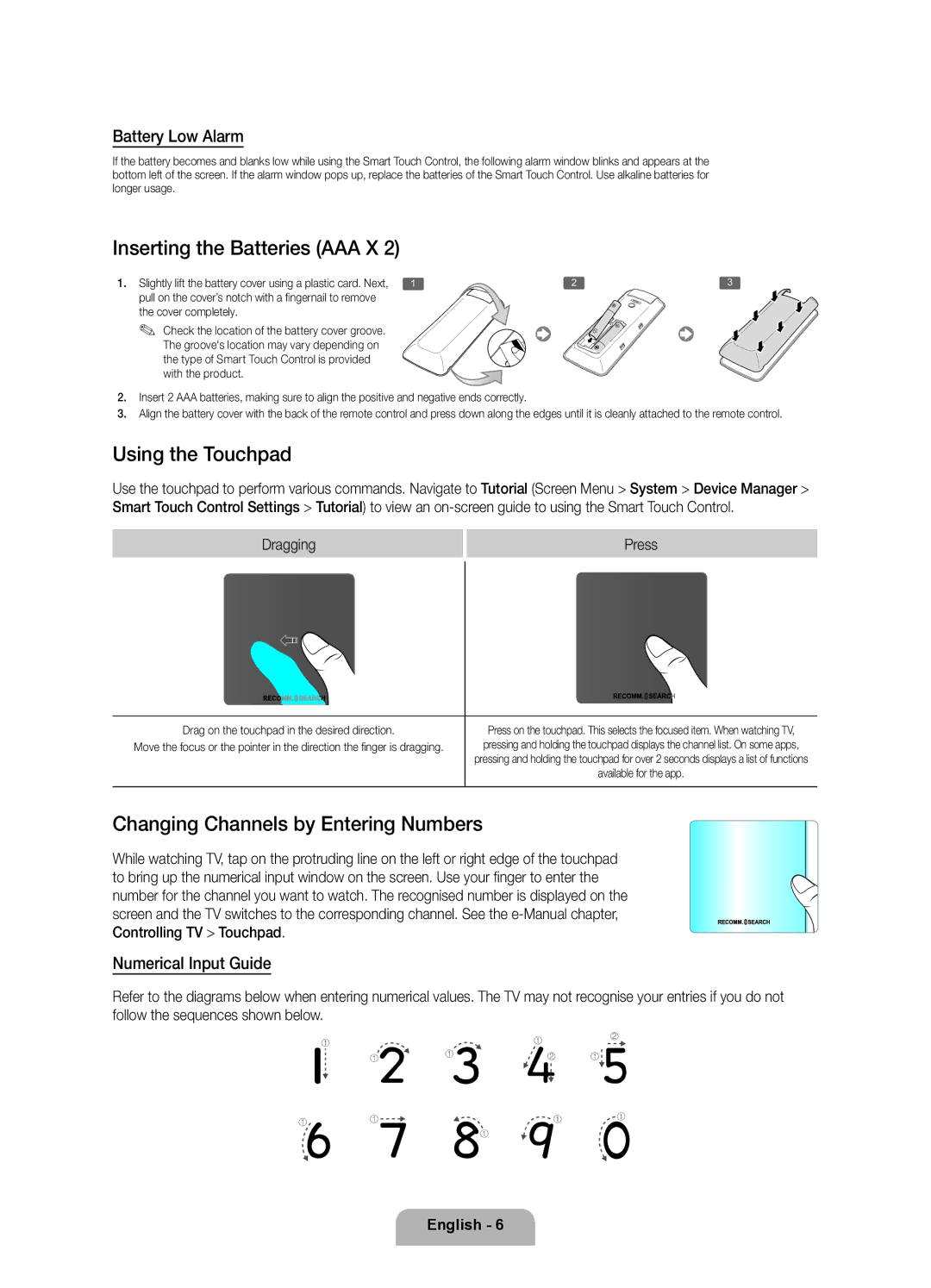 Samsung UE60F7090SLXZG manual Inserting the Batteries AAA X, Using the Touchpad, Changing Channels by Entering Numbers 