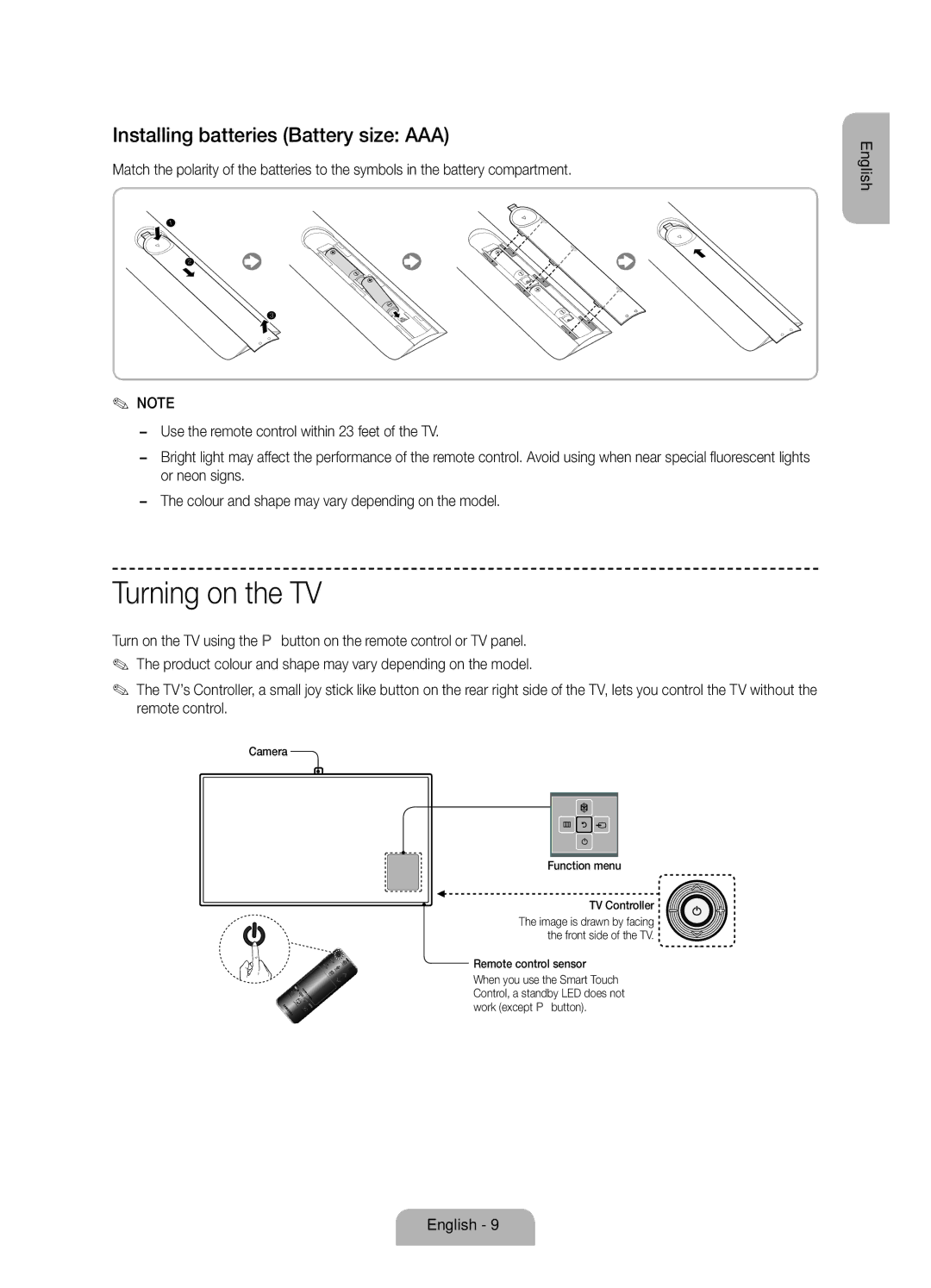 Samsung UE55F7090SLXZG manual Turning on the TV, Installing batteries Battery size AAA, Camera Function menu TV Controller 