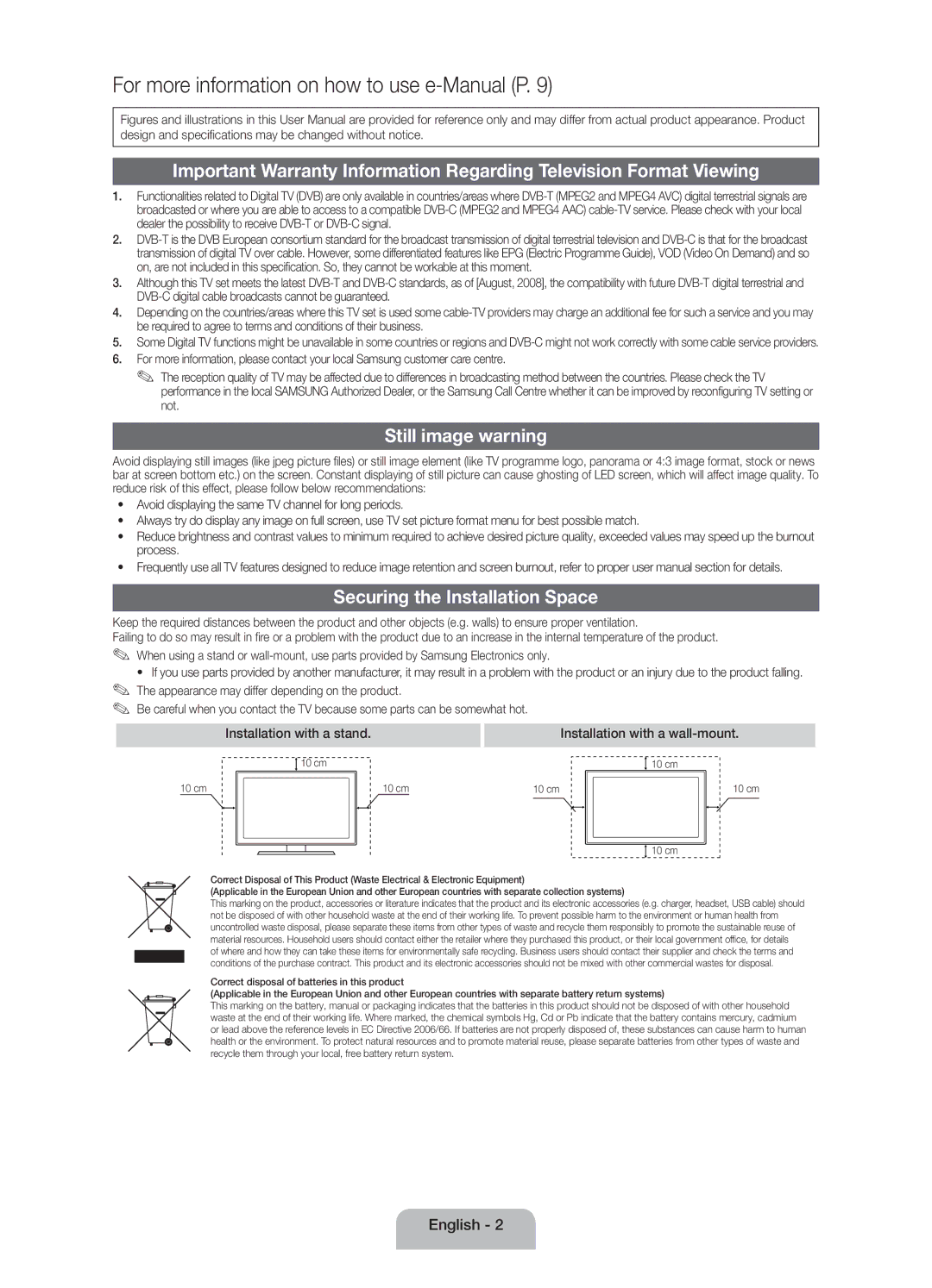 Samsung UE40FH5007KXRU manual Still image warning, Securing the Installation Space 