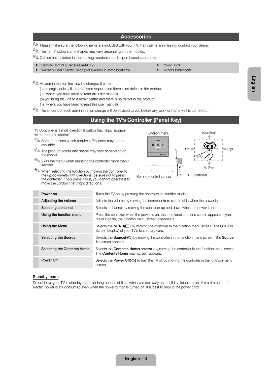 Samsung UE40FH5007KXRU manual Accessories, Using the TV’s Controller Panel Key, Standby mode 