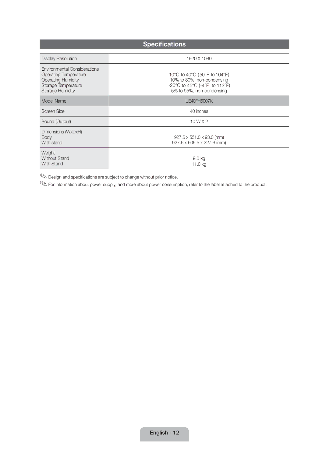 Samsung UE40FH5007KXRU manual Specifications 