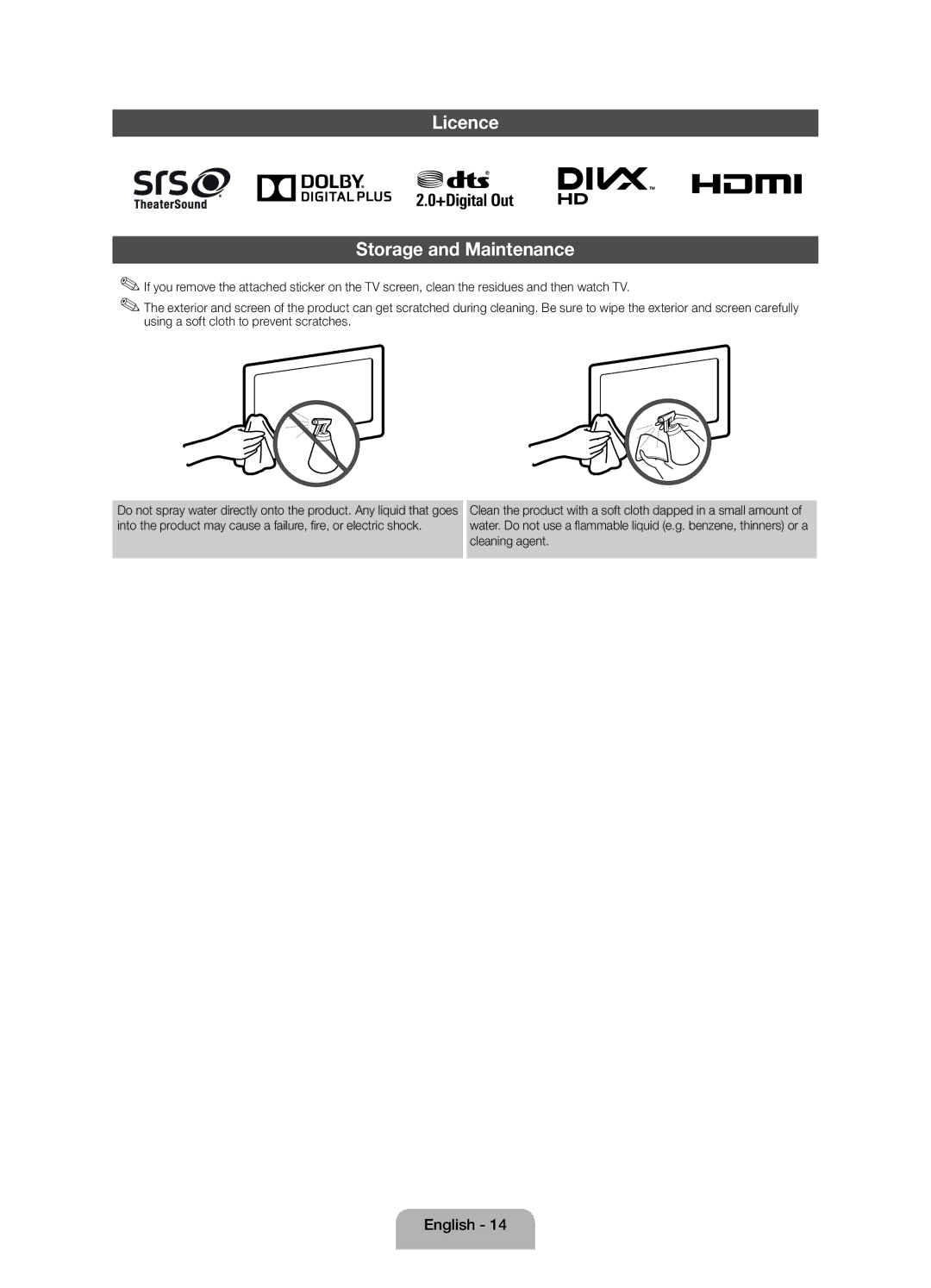 Samsung UE40FH5007KXRU manual Licence Storage and Maintenance 