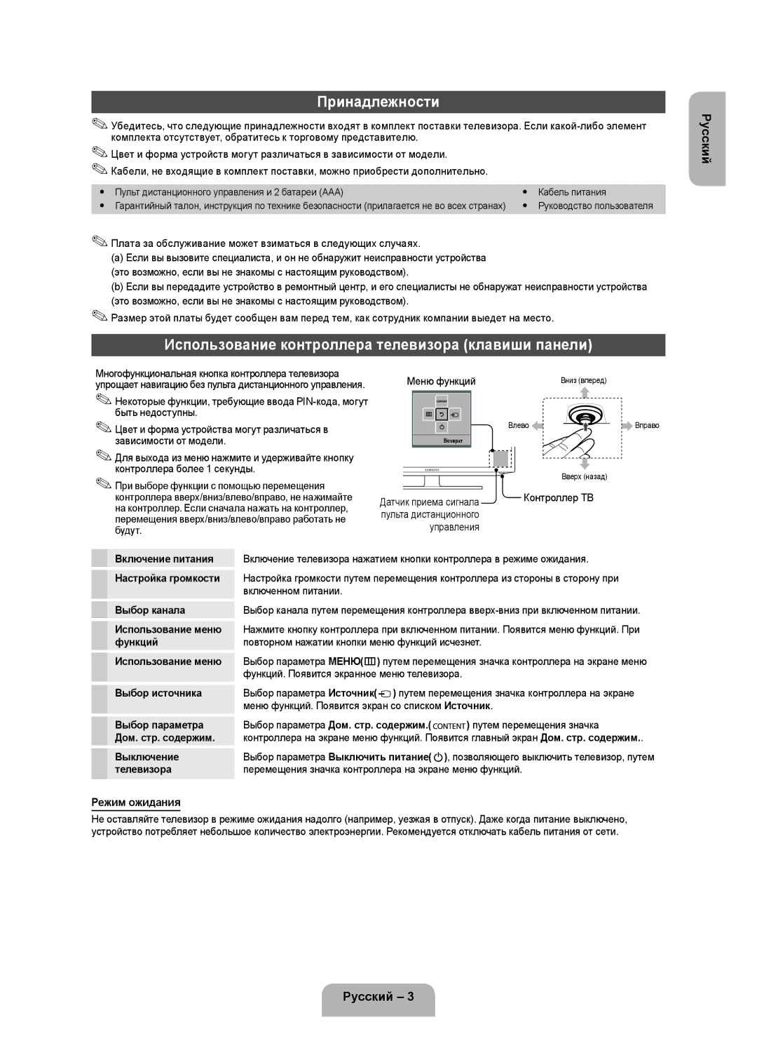 Samsung UE40FH5007KXRU manual Принадлежности, Использование контроллера телевизора клавиши панели, Режим ожидания 