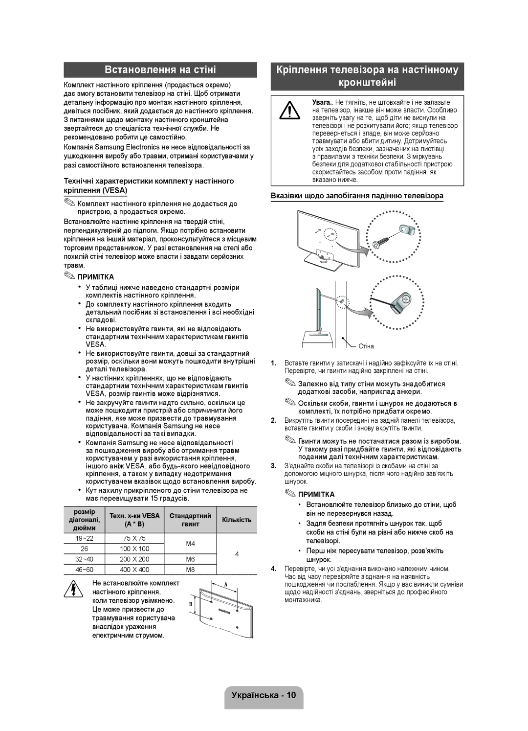 Samsung UE40FH5007KXRU manual Встановлення на стіні, Кріплення телевізора на настінному Кронштейні 