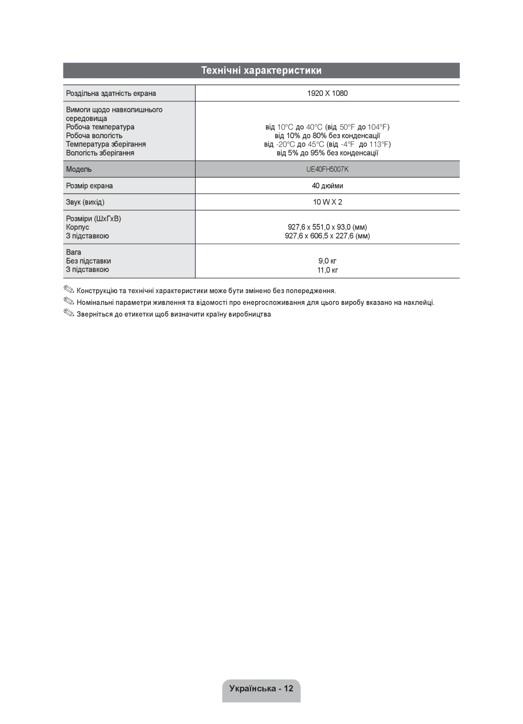 Samsung UE40FH5007KXRU manual Технічні характеристики 