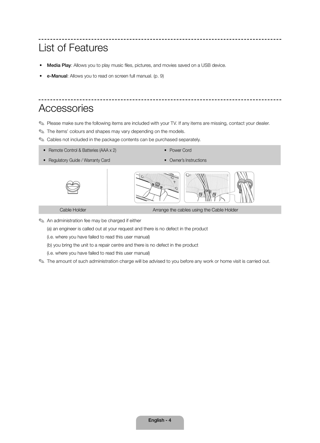 Samsung UE40H4200AKXUZ, UE40H4200AKXMS manual List of Features, Accessories, Arrange the cables using the Cable Holder 