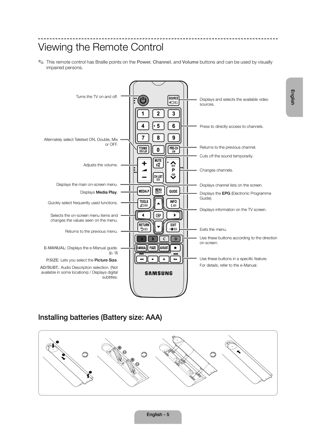 Samsung UE48H4200AKXUZ, UE40H4200AKXMS manual Viewing the Remote Control, Turns the TV on and off, Adjusts the volume 