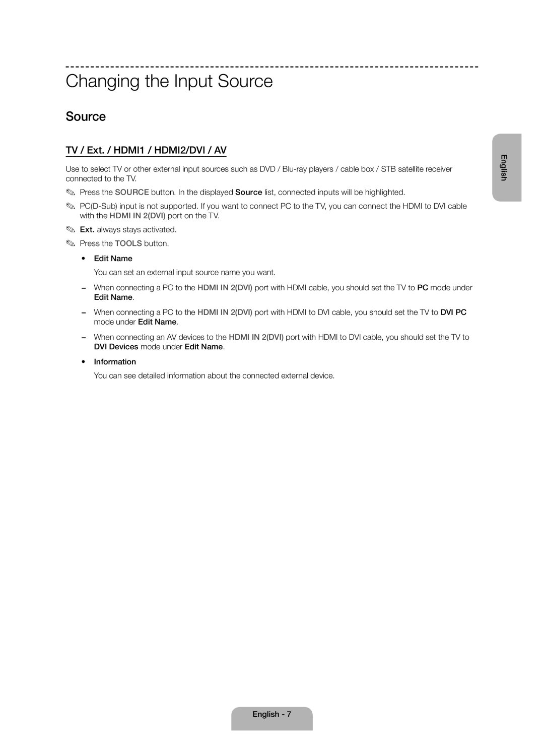 Samsung UE48H4200AKXMS, UE40H4200AKXMS, UE40H4200AKXRU manual Changing the Input Source, TV / Ext. / HDMI1 / HDMI2/DVI / AV 