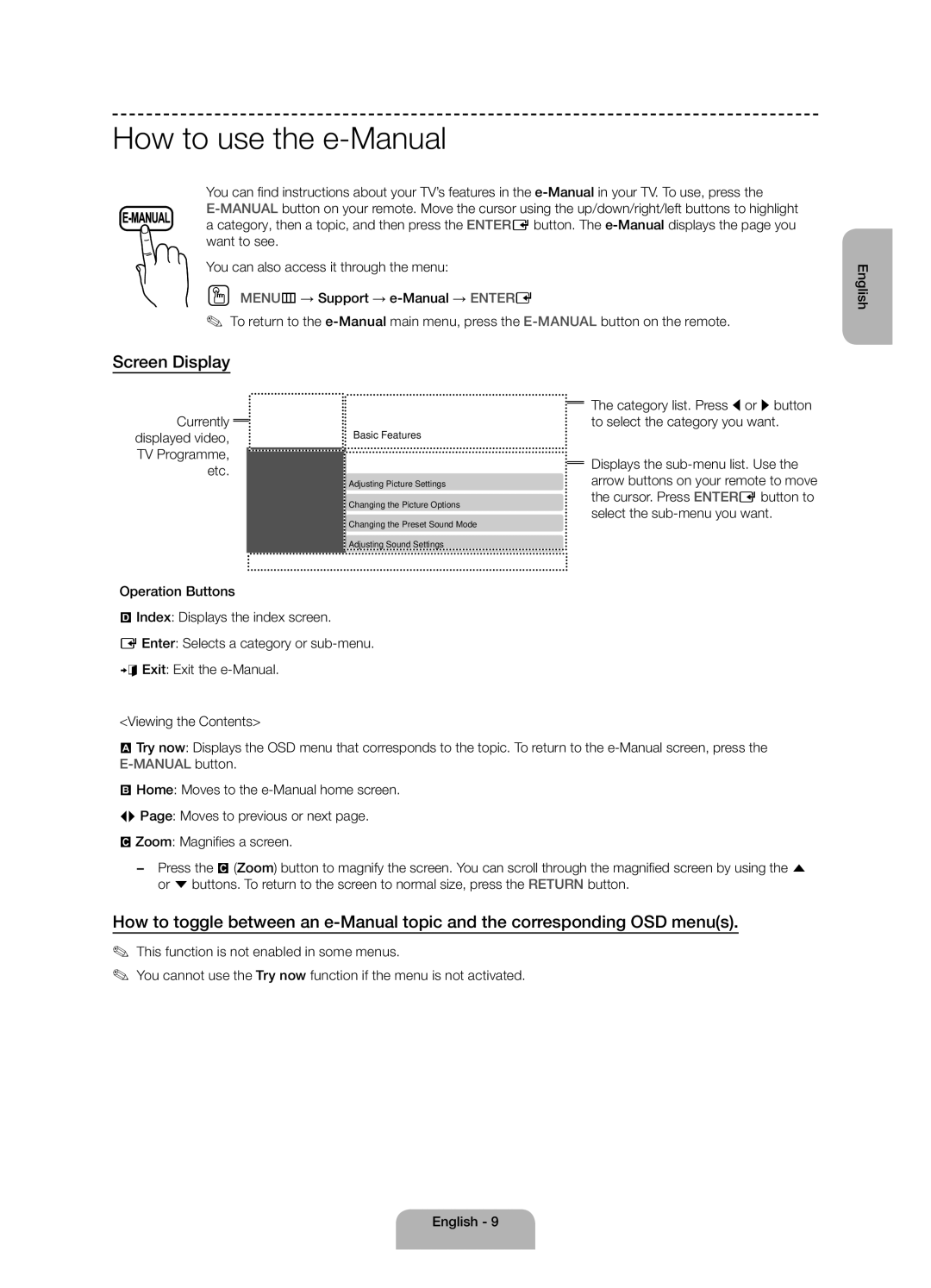 Samsung UE48H4200AKXRU, UE40H4200AKXMS manual How to use the e-Manual, Screen Display, English Currently, TV Programme, Etc 