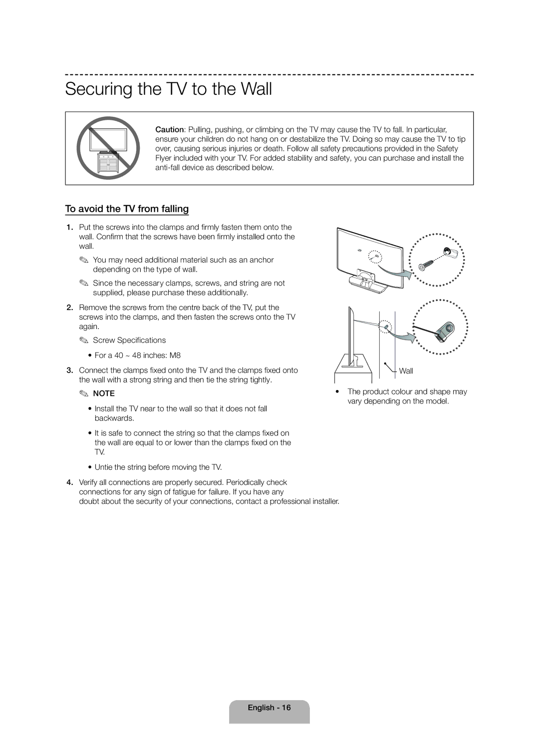 Samsung UE40H4200AKXUZ, UE40H4200AKXMS, UE48H4200AKXMS manual Securing the TV to the Wall, To avoid the TV from falling 