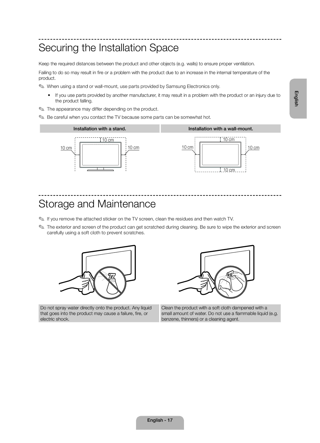 Samsung UE48H4200AKXUZ Securing the Installation Space, Storage and Maintenance, Installation with a wall-mount 10 cm 