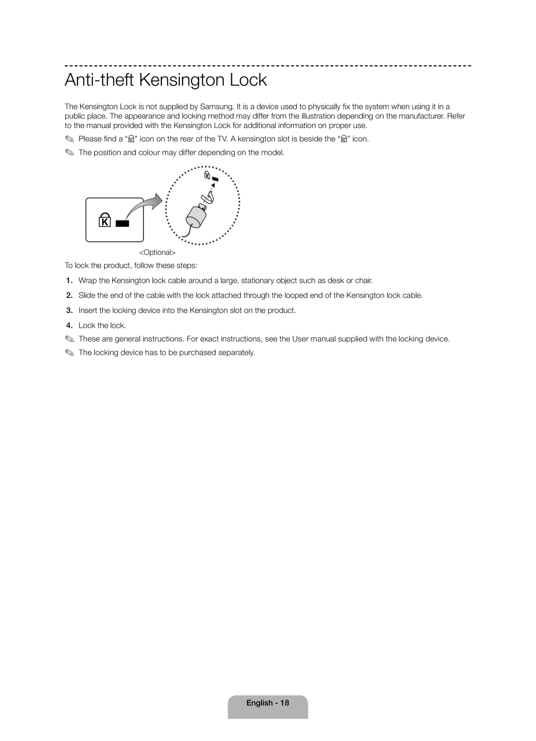 Samsung UE40H4200AKXMS, UE48H4200AKXMS, UE40H4200AKXRU, UE48H4200AKXRU, UE40H4200AKXUZ manual Anti-theft Kensington Lock 