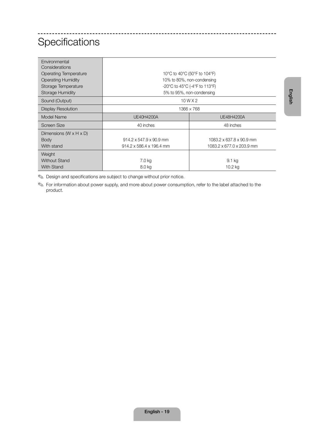 Samsung UE48H4200AKXMS, UE40H4200AKXMS, UE40H4200AKXRU, UE48H4200AKXRU, UE40H4200AKXUZ, UE48H4200AKXUZ manual Specifications 