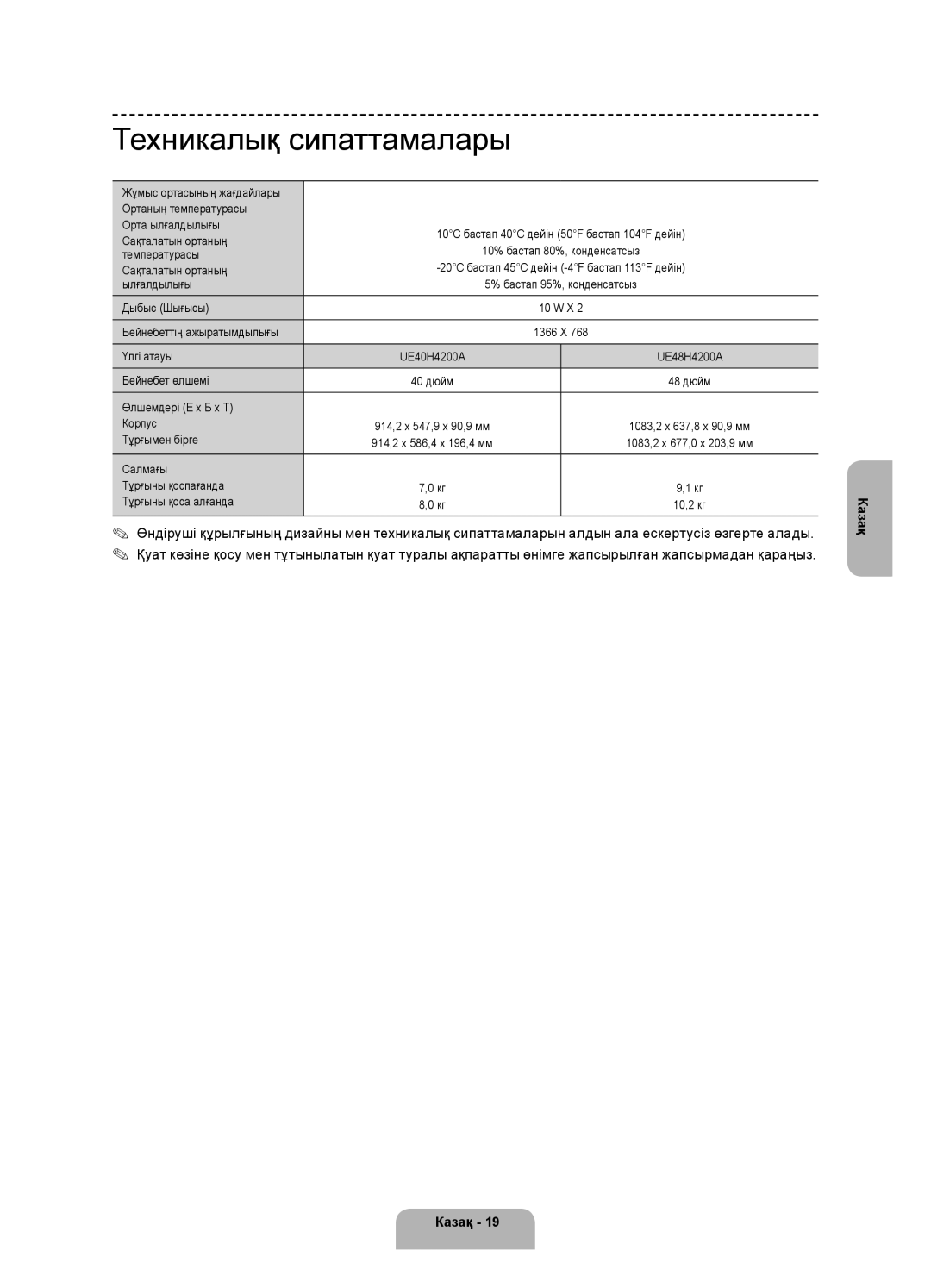 Samsung UE48H4200AKXMS, UE40H4200AKXMS, UE40H4200AKXRU, UE48H4200AKXRU, UE40H4200AKXUZ manual Техникалық сипаттамалары 