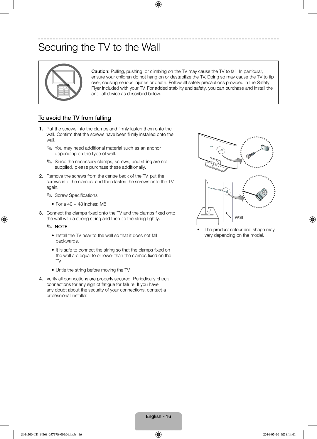 Samsung UE40H4200AWXXC, UE40H4200AWXTK, UE40H4200AWXZG manual Securing the TV to the Wall, To avoid the TV from falling 