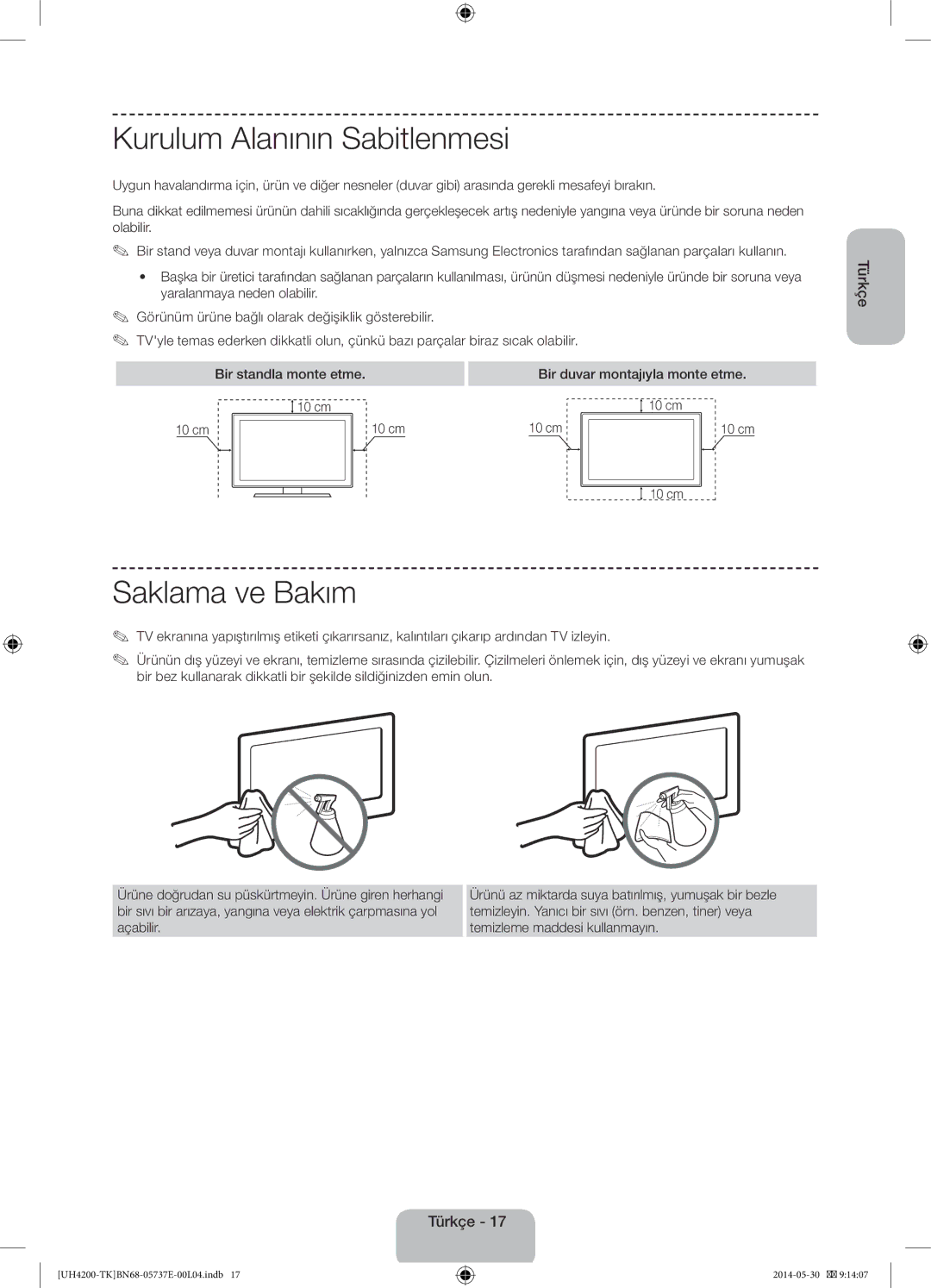 Samsung UE40H4200AWXZF, UE40H4200AWXXC manual Kurulum Alanının Sabitlenmesi, Saklama ve Bakım, Bir standla monte etme 10 cm 