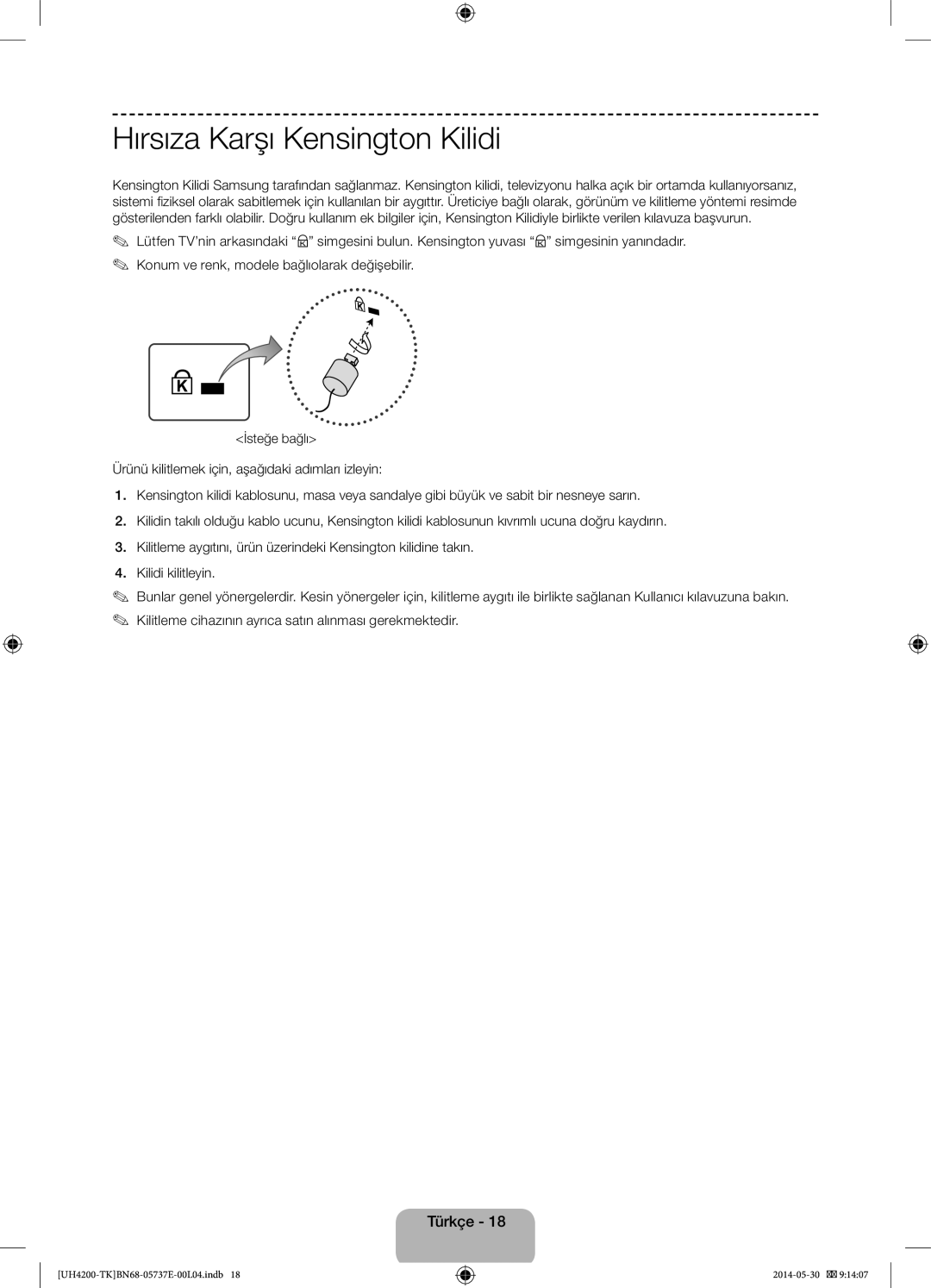 Samsung UE40H4200AWXXC, UE40H4200AWXTK, UE40H4200AWXZG, UE40H4200AWXZF manual Hırsıza Karşı Kensington Kilidi 