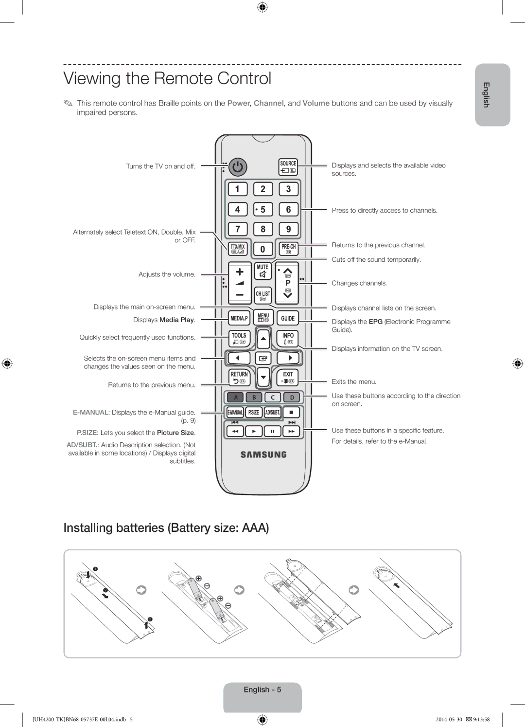 Samsung UE40H4200AWXTK, UE40H4200AWXXC manual Viewing the Remote Control, Turns the TV on and off, Adjusts the volume 