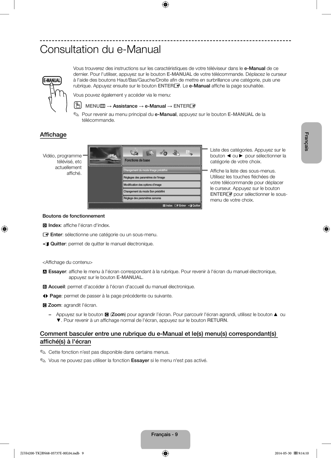 Samsung UE40H4200AWXTK manual Consultation du e-Manual, Affichage, Vidéo, programme télévisé, etc actuellement affiché 