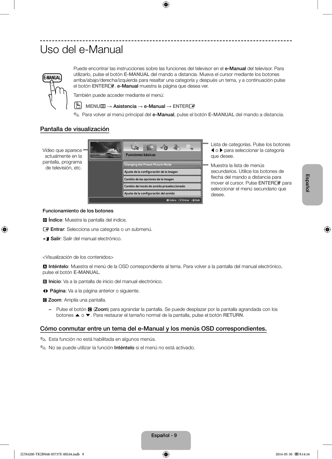 Samsung UE40H4200AWXZF, UE40H4200AWXXC manual Uso del e-Manual, Pantalla de visualización, Funcionamiento de los botones 