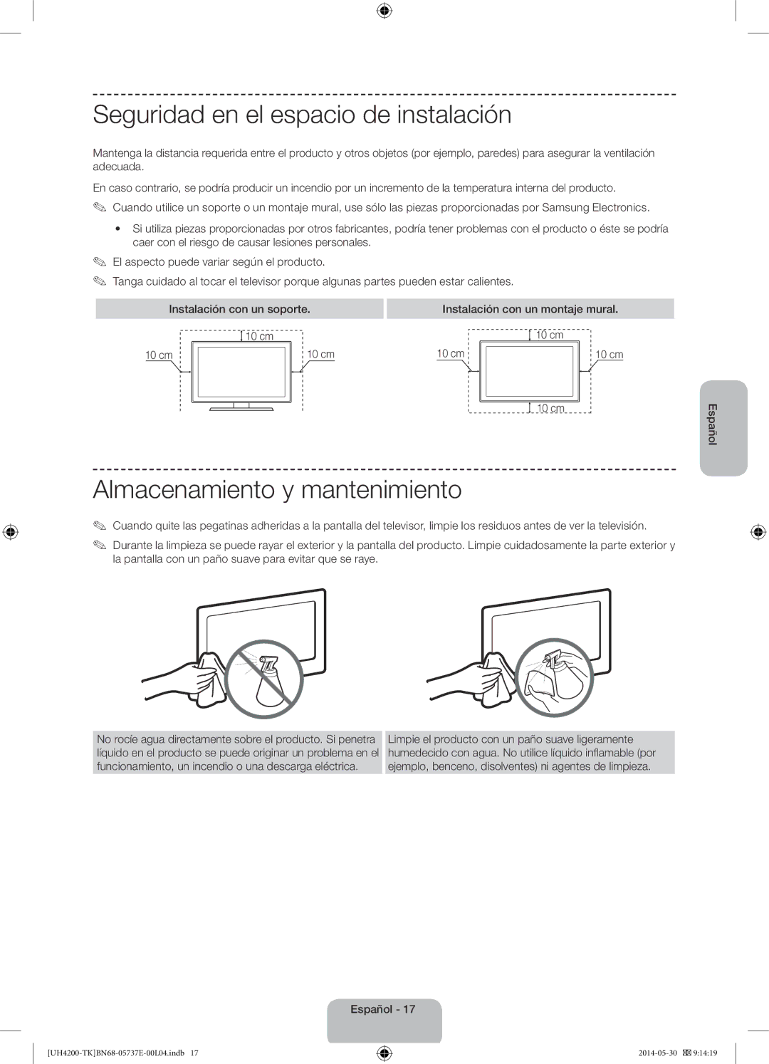 Samsung UE40H4200AWXZF, UE40H4200AWXXC Seguridad en el espacio de instalación, Almacenamiento y mantenimiento, cm Español 