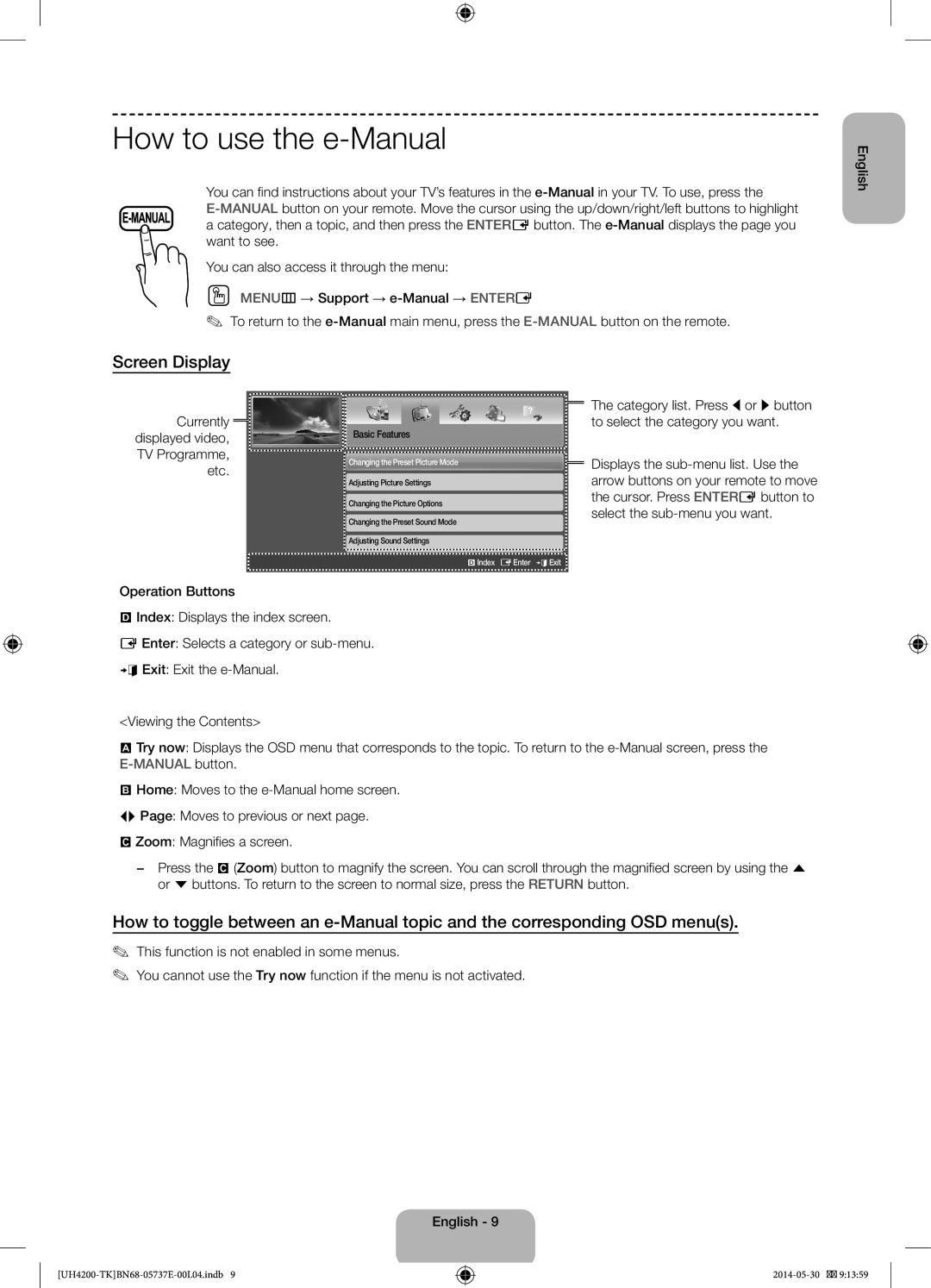 Samsung UE40H4200AWXTK manual How to use the e-Manual, Screen Display, Currently displayed video, TV Programme, etc 