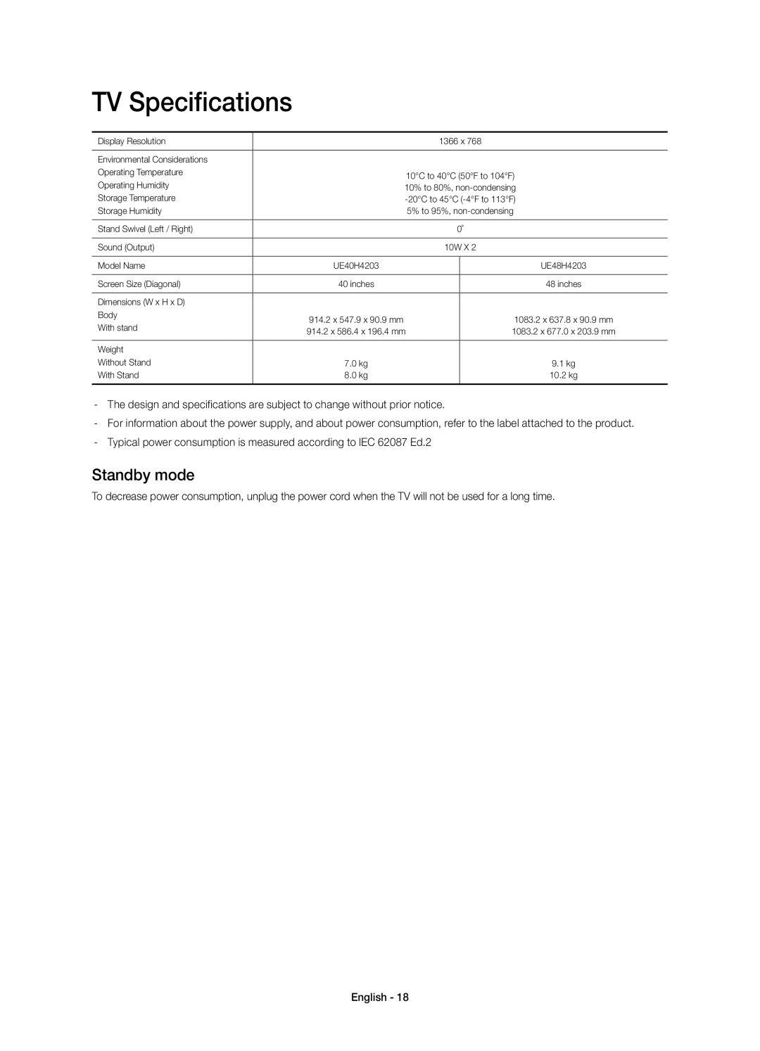 Samsung UE48H4203AWXXH, UE40H4203AWXXC, UE48H4203AWXXC, UE40H4203AWXXH manual TV Specifications, Standby mode 