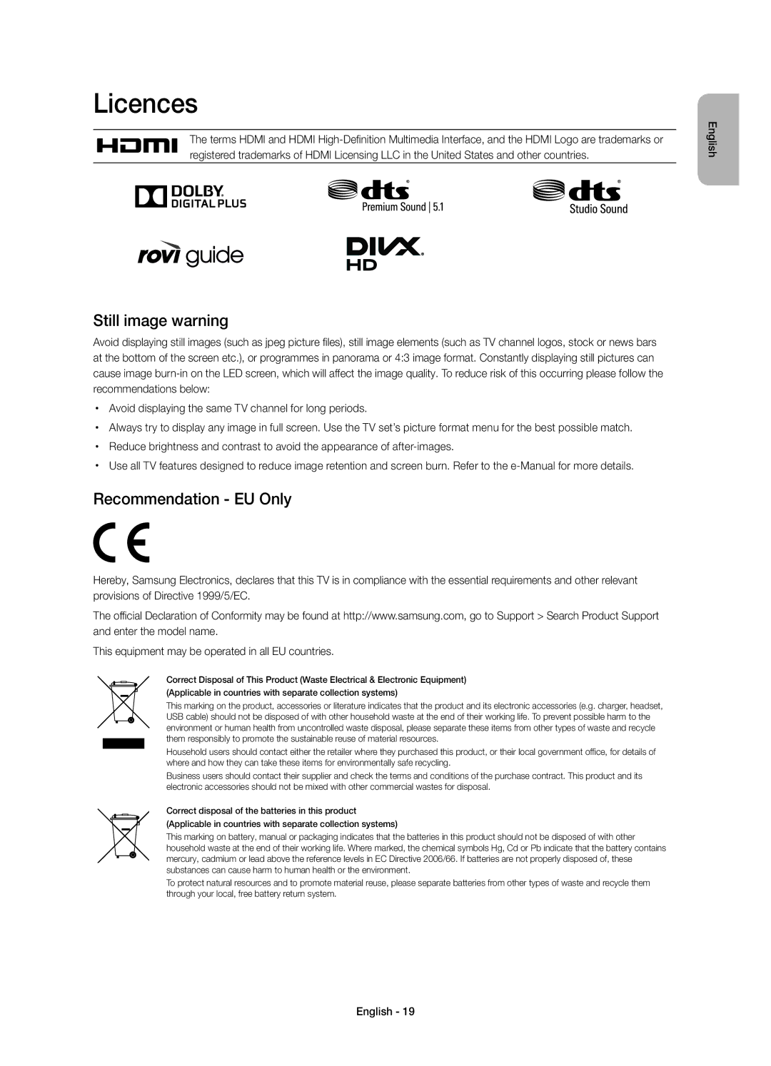 Samsung UE40H4203AWXXH, UE40H4203AWXXC, UE48H4203AWXXC, UE48H4203AWXXH Licences, Still image warning, Recommendation EU Only 