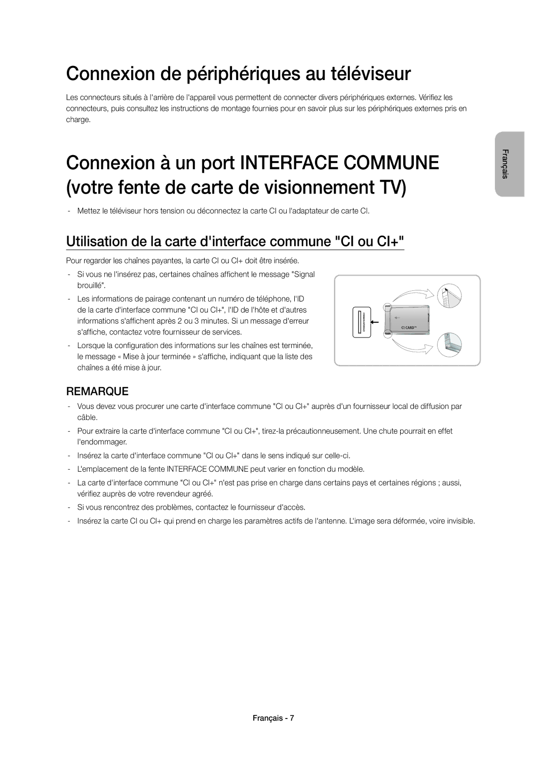 Samsung UE48H4203AWXXC Connexion de périphériques au téléviseur, Utilisation de la carte dinterface commune CI ou CI+ 