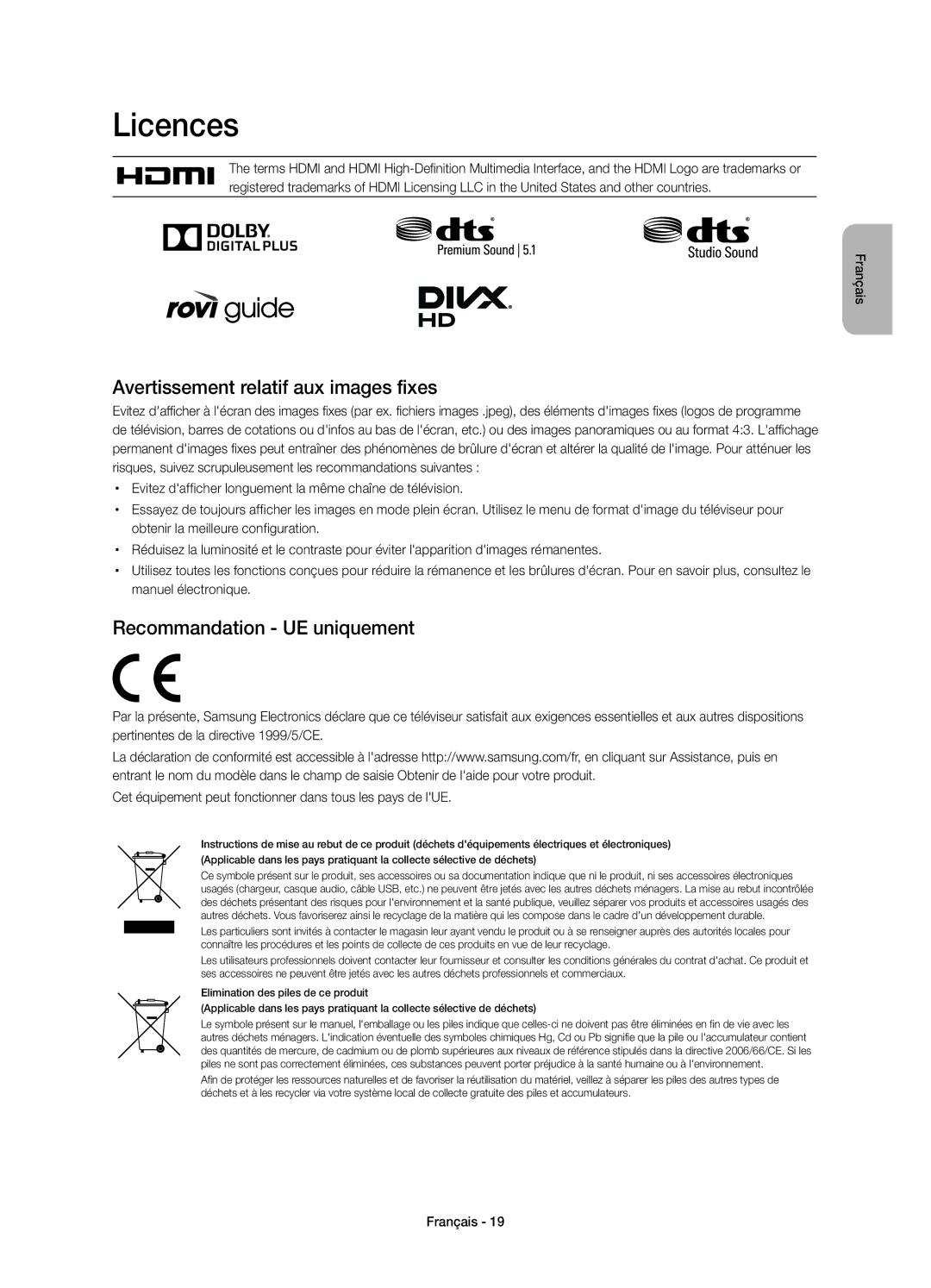 Samsung UE48H4203AWXXC, UE40H4203AWXXC, UE48H4203AWXXH Avertissement relatif aux images fixes, Recommandation UE uniquement 