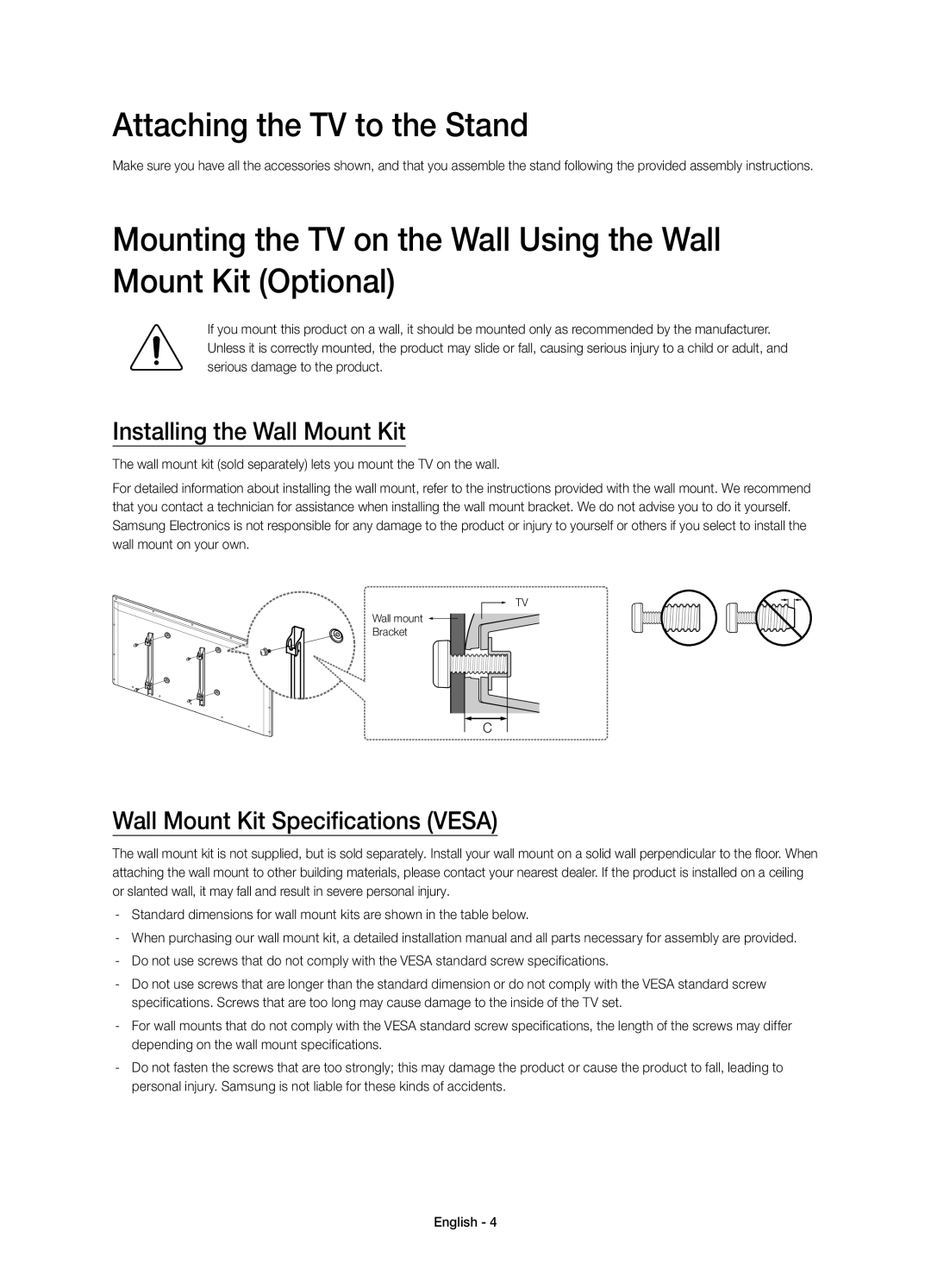 Samsung UE40H4203AWXXC Attaching the TV to the Stand, Installing the Wall Mount Kit, Wall Mount Kit Specifications Vesa 