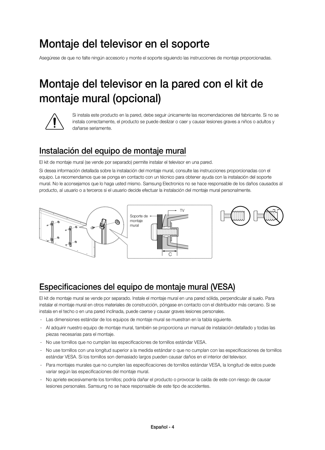 Samsung UE40H4203AWXXC, UE48H4203AWXXC manual Montaje del televisor en el soporte, Instalación del equipo de montaje mural 