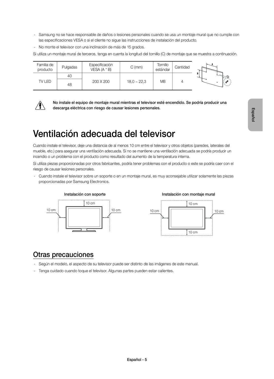 Samsung UE48H4203AWXXC, UE40H4203AWXXC, UE48H4203AWXXH manual Ventilación adecuada del televisor, Otras precauciones 