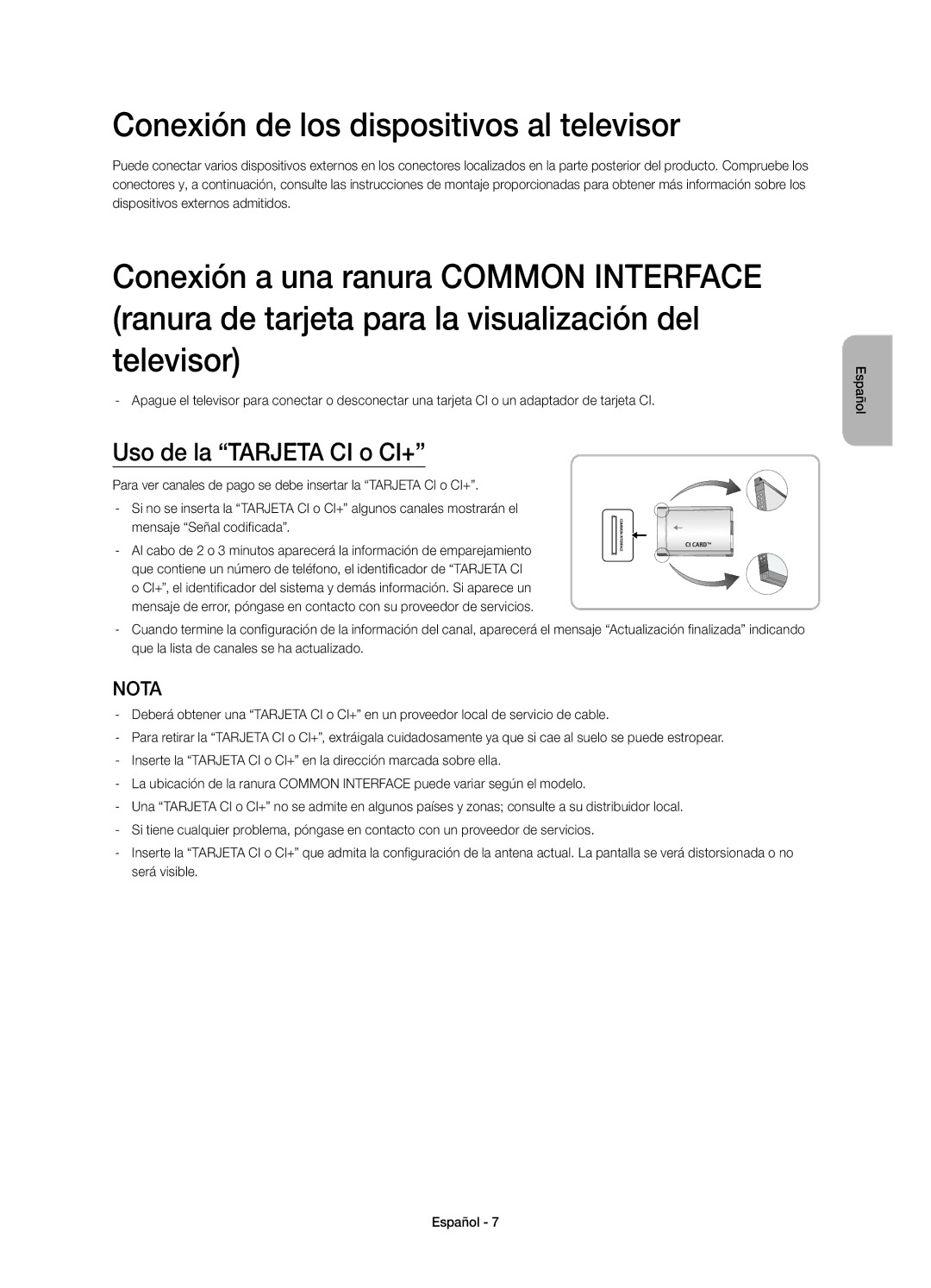 Samsung UE40H4203AWXXH, UE40H4203AWXXC manual Conexión de los dispositivos al televisor, Uso de la Tarjeta CI o CI+ 