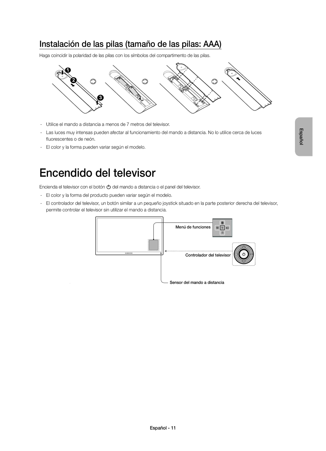 Samsung UE40H4203AWXXH, UE40H4203AWXXC manual Encendido del televisor, Instalación de las pilas tamaño de las pilas AAA 