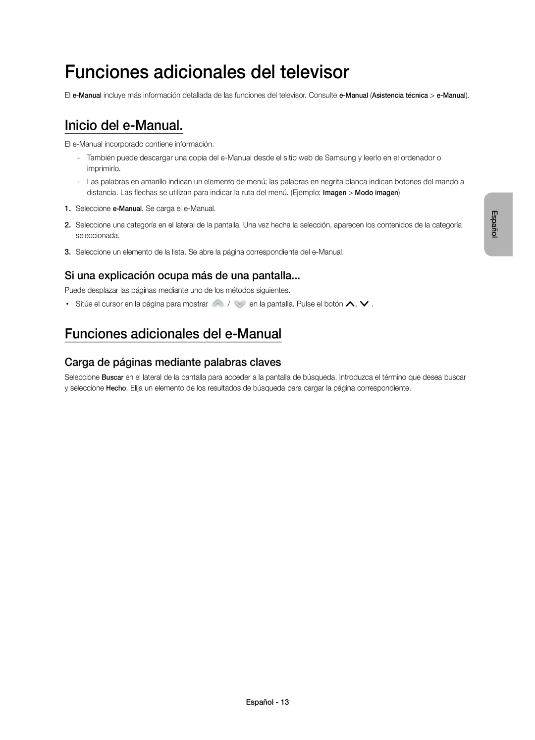 Samsung UE48H4203AWXXC manual Funciones adicionales del televisor, Inicio del e-Manual, Funciones adicionales del e-Manual 