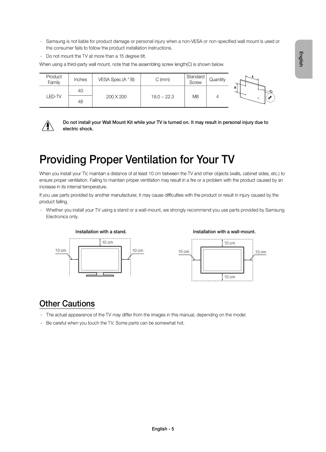 Samsung UE48H4203AWXXC, UE40H4203AWXXC, UE48H4203AWXXH manual Providing Proper Ventilation for Your TV, Other Cautions 